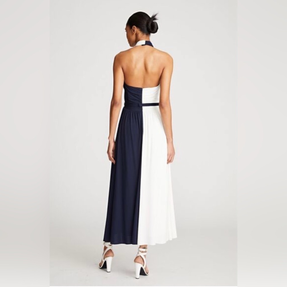 Halston Elegant Navy and White Women's Dress with Gold Belt | 6 - Picture 3 of 9